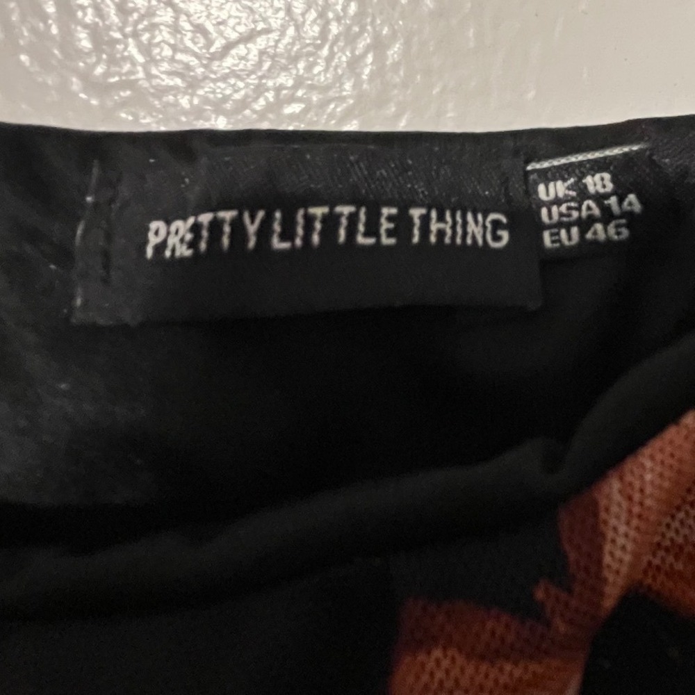 PrettyLittleThing Black Butterfly Mesh Midi Dress Ruffle Hem Size 14 Womens - Picture 6 of 10